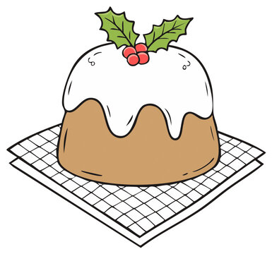 Iced holiday pudding on napkin with holly garnish, illustrated traditional Christmas dessert, holiday baked good