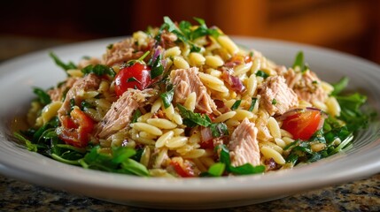 Delicious tuna orzo salad with fresh vegetables and herbs