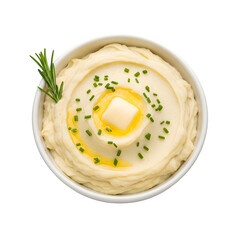 A bowl of creamy mashed potatoes isolated on a transparent or white background. PNG
