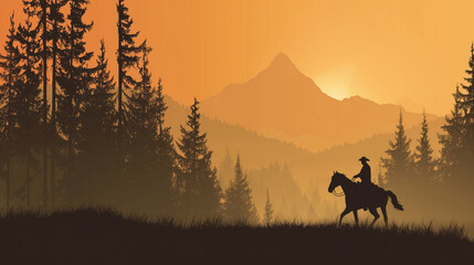 western background in cartoon style with single horse rider silhouette isolated over stunning vibrant orange fir forest and sunshine behind the mountains