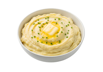 A bowl of creamy mashed potatoes isolated on a transparent or white background. PNG
