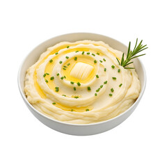 A bowl of creamy mashed potatoes isolated on a transparent or white background. PNG
