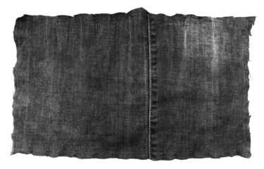 Piece of black torn denim on a white background. Denim texture