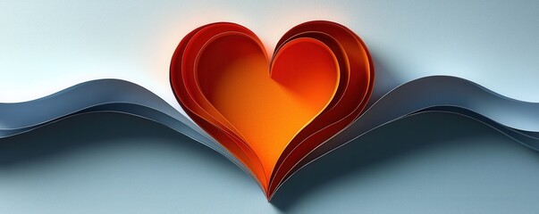 Red heart-shaped paper cutout on a wavy white surface display