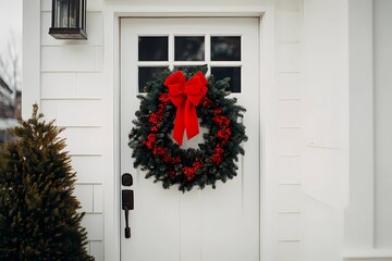 Festive red bow and winter wreath adorn a charming white front door for the holiday season