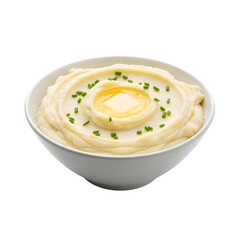 A bowl of creamy mashed potatoes isolated on a transparent or white background. PNG
