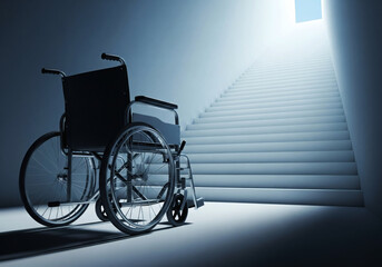 Wheelchair facing bright stairs symbolizes overcoming challenges, hope for future, healthcare accessibility, and social support
