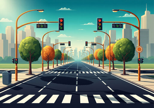 Serene cityscape street with orderly traffic lights and pedestrian crossings for urban planning concepts and infrastructure