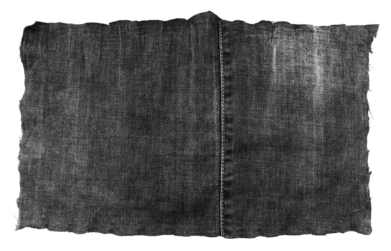 Piece of black torn denim on a white background. Denim texture