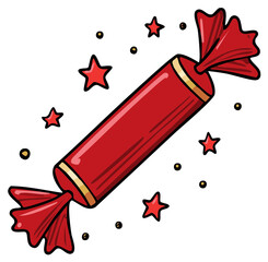 Vibrant Red Wrapped Candy with Festive Stars and Sparkles