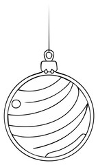 Hanging striped Christmas ball ornament black and white line art illustration for coloring