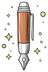 Charming Quill Pen Illustration with Glittering Stars and Spheres Drawing Literary Style Art Writer Tool