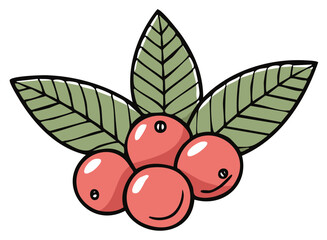 Stylized illustration of four red berries with green leaves in a cluster