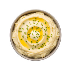 A bowl of creamy mashed potatoes isolated on a transparent or white background. PNG
