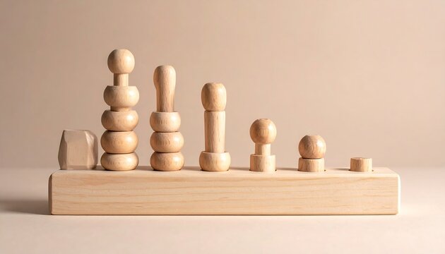 A wooden toy with cylindrical and spherical shapes arranged on a rectangular base. Soft lighting creates a warm, inviting ambiance