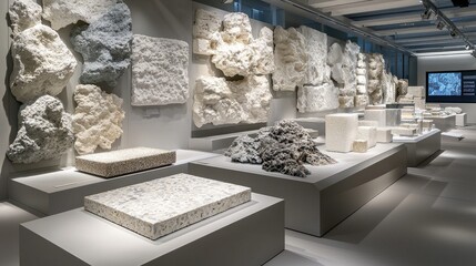 Gallery of art, An interactive exhibition wall featuring a mosaic of concrete tiles mounted on a magnetic surface.