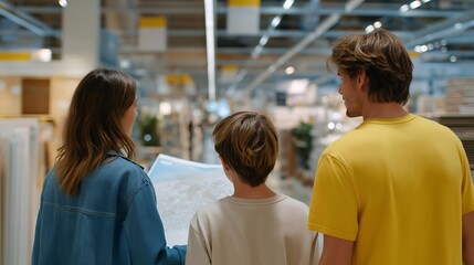 A family exploring the aisles of a home repair store, choosing materials for their renovation, showcasing teamwork, planning, and the joy of building a home together. cinematic color correction,