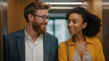 A friendly exchange between two coworkers inside an elevator, representing office culture, communication, and the small moments that build teamwork and trust. cinematic color correction, gentle