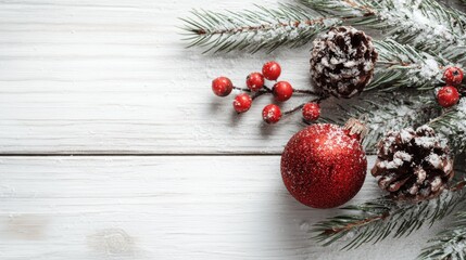 Decorative pine branches layered with snow red berries and a shimmering ornament create a cheerful scene.