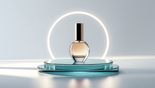 Modern perfume bottle on layered glass stands with neon ring