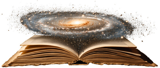 galaxy spinning above open ancient book isolated over white (transparent) background; concept of power of reading, knowledge, magical literature