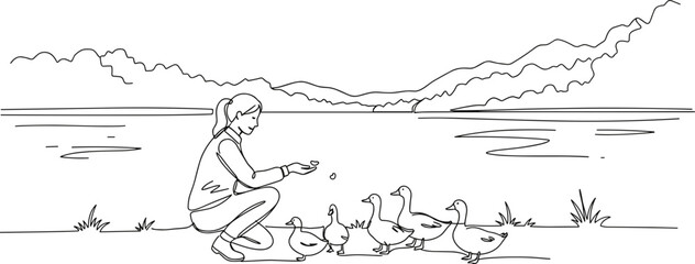 Fototapeta premium Young woman feeding ducks by the lake in a line vector style, transparent background 