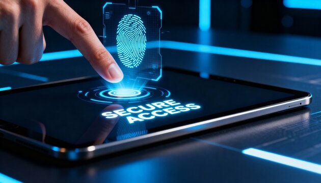 A person's finger unlocks a tablet with a futuristic fingerprint scanner. Biometric authentication for secure access. Cybersecurity and data protection concept - Powered by Adobe