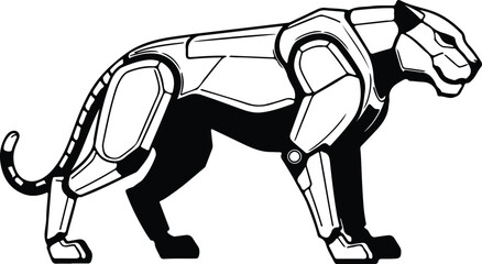 Vector Robotic panther walking on white background black and white silhouette illustration
