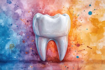 Abstract watercolor art highlighting a white tooth against a vibrant background