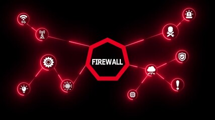Digital firewall security system concept with glowing red technology icons symbolizing data protection, cyber defense, and network safety. - Powered by Adobe