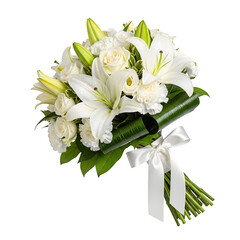 Memorial tribute white flower bouquet isolated on a transparent or white background. PNG
