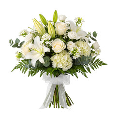 Memorial tribute white flower bouquet isolated on a transparent or white background. PNG