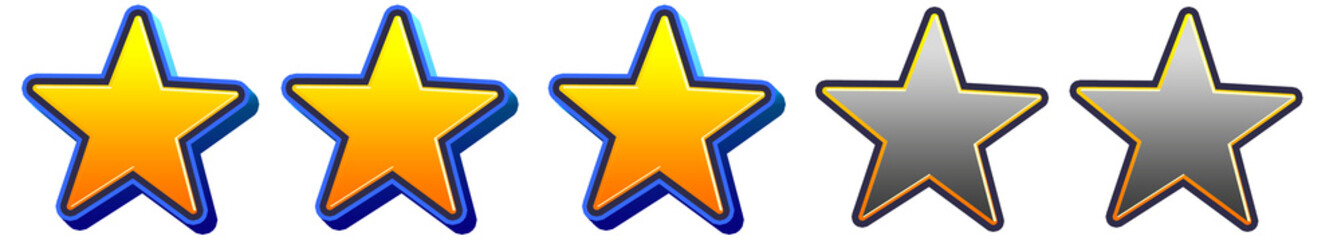 Three glowing yellow stars with blue outline and two dark grey stars isolated on transparent background. Balanced gaming feedback symbol representing average score and player performance rating.