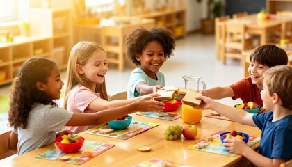 Diverse group of happy children eating a healthy lunch at school. Multi-ethnic friends sharing food in a sunny classroom. Childhood friendship and nutrition concept
