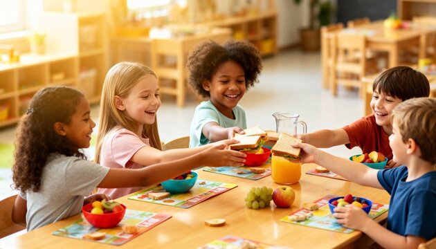 Diverse group of happy children eating a healthy lunch at school. Multi-ethnic friends sharing food in a sunny classroom. Childhood friendship and nutrition concept