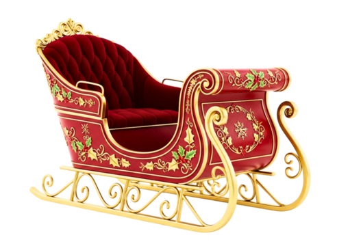 Red and gold ornate sleigh isolated on transparent background
