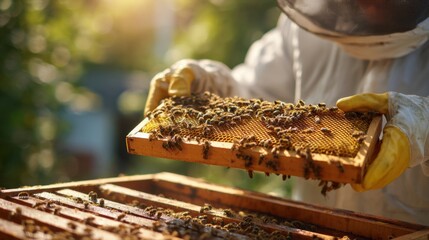 A beekeeper carefully inspects a honeycomb frame filled with bees in a warm, sunny setting. The scene captures the dedication to beekeeping and honey production.