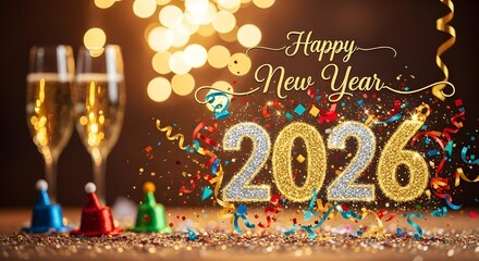 Sparkling new year 2026 celebration with champagne glasses and festive confetti background