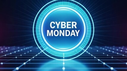 Dynamic Cyber Monday sale animation with neon glow and futuristic grid perfect for promo videos and social media ads - Powered by Adobe