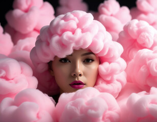 Woman emerging from sweet pink cotton candy clouds