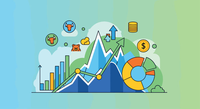 Dynamic stock market charts show bullish trends with bull and bear symbols, coins, and a pie graph illustrating financial growth