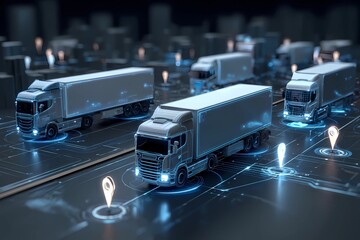 Trucks navigating a smart city grid at night with digital markers