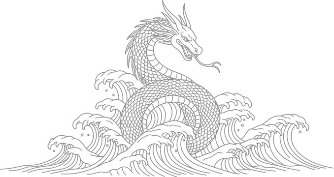 Dragon waves sea ocean mythical creature serpent water illustration art line