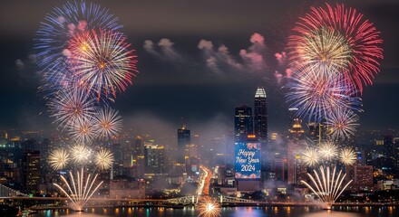 Spectacular fourth of july fireworks illuminate the night sky over a sprawling city skyline