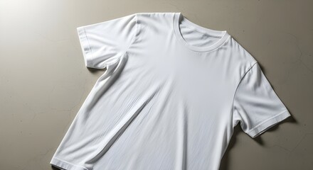 Clean white t shirt laid flat on a neutral background with soft lighting