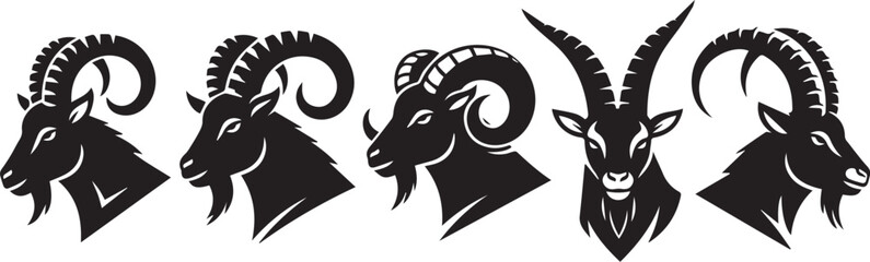 Collection of five stylized black silhouette goat heads with impressive horns on white background