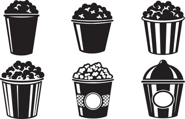 Collection of six stylized black and white popcorn buckets and cups filled with popcorn on a white background