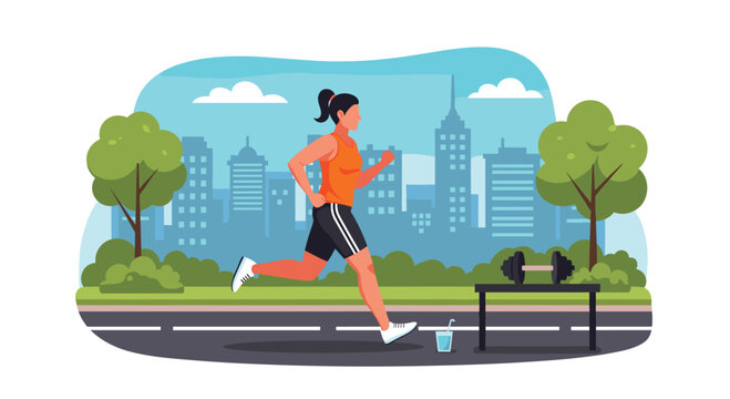 Active woman jogging through city park with weights nearby, embracing a healthy urban lifestyle and outdoor fitness journey