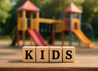 Wooden cubes composing the word kids with playground in the background