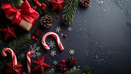 Dark Christmas background with red stars, gift box, and candy canes, decorated with pine branches for a minimalist holiday mood. Isolated, placement, Copy space area